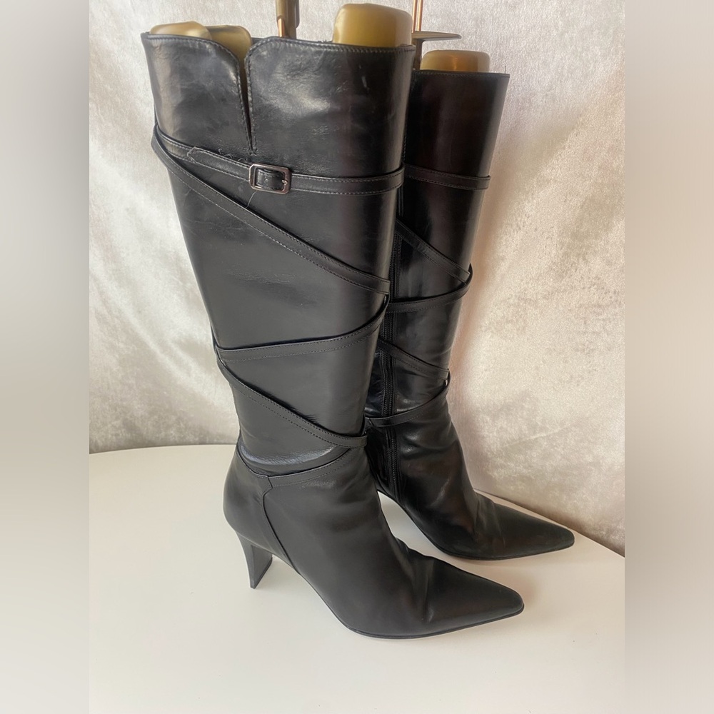 Kenneth Cole Black Leather Over-the-Knee Pointed-Toe Heeled Boots